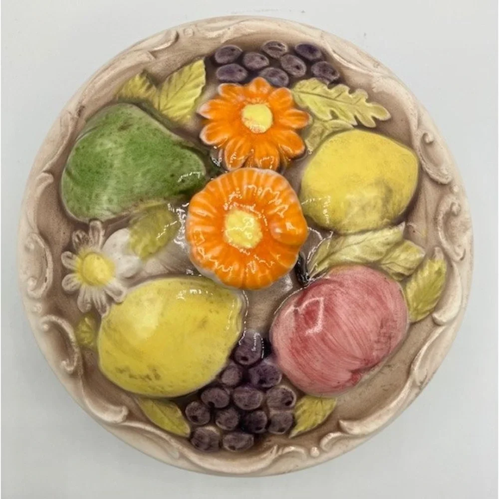 Mid Century Modern Ceramic Covered Dish  Fruit & Flowers‎ Orange Yellow Green
